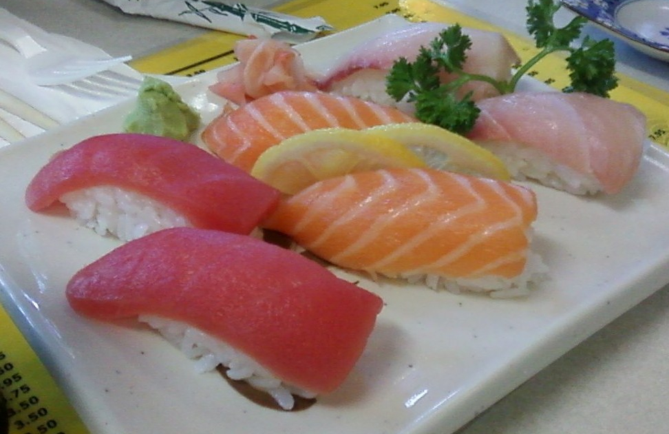 Ariake nigiri salmon, tuna and hamachi