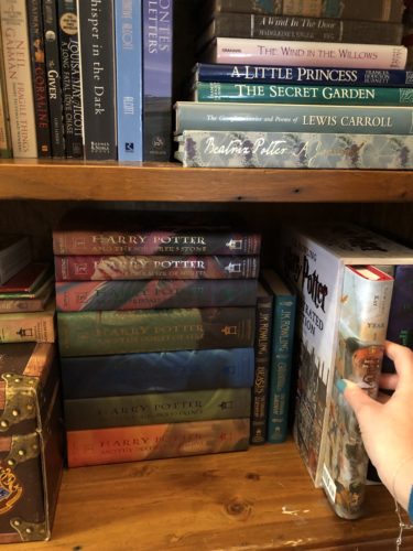 Book shelf full of Harry Potter books.